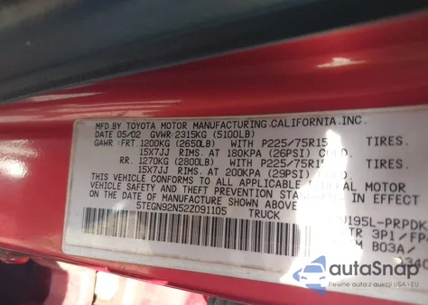 2002 Toyota Tacoma Prerunner V6 z USA, uszkodzony, nr VIN 5TEGN92N52Z091105